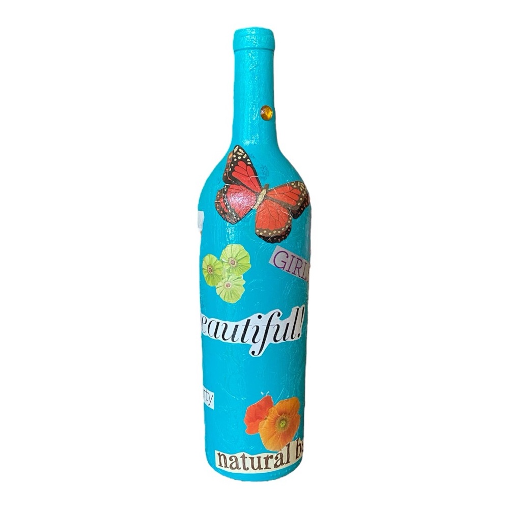 Handmade Turquoise Butterfly Decoupage Wine Bottle Home Decor 12” - Picture 1 of 6
